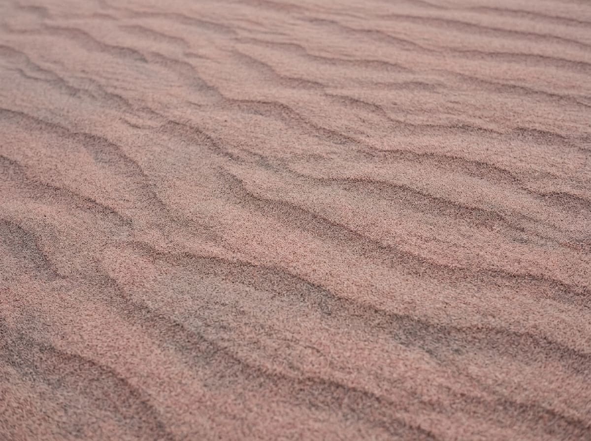 Abstract macro texture of fine wind-rippled sand in muted rose and warm grey tones under soft even light, no objects, no