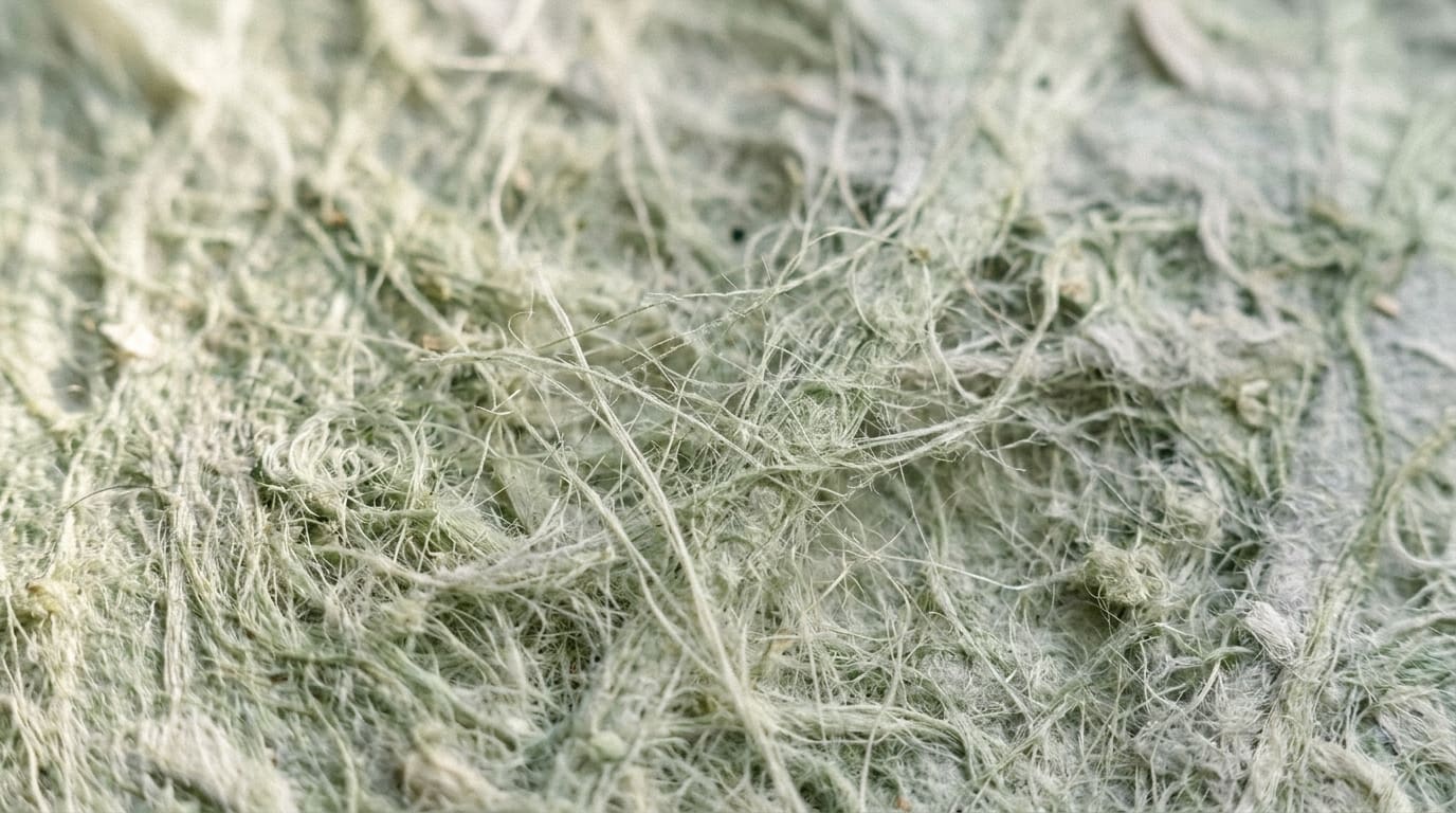 Abstract macro texture of fine handmade paper fibres in pale sage green and soft grey tones, lit by low morning side lig